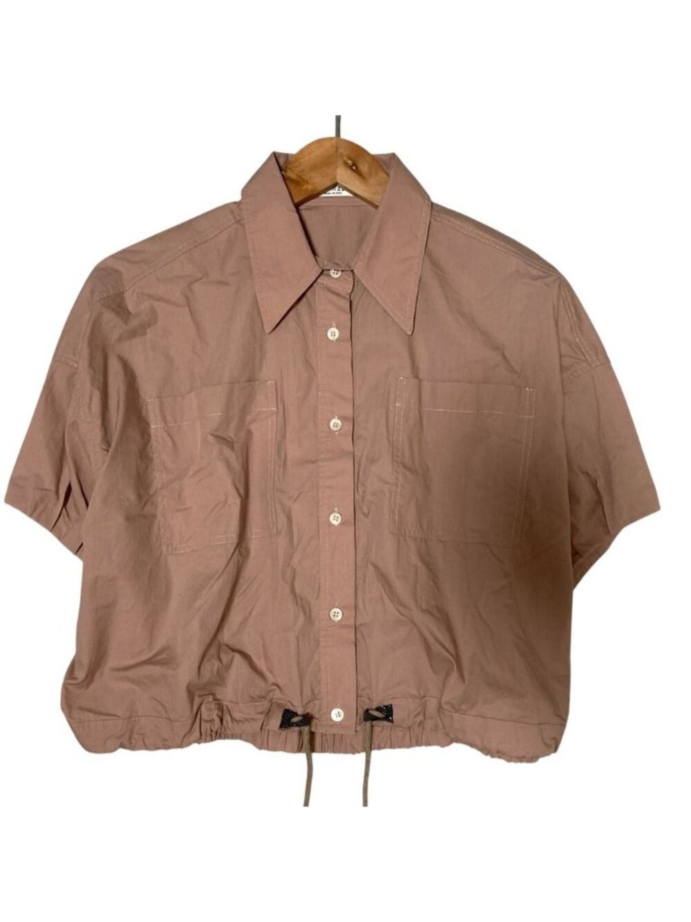 Brunello Cucinelli Drawstring Monile Cropped Shirt Pink Beige Spring Summer S
